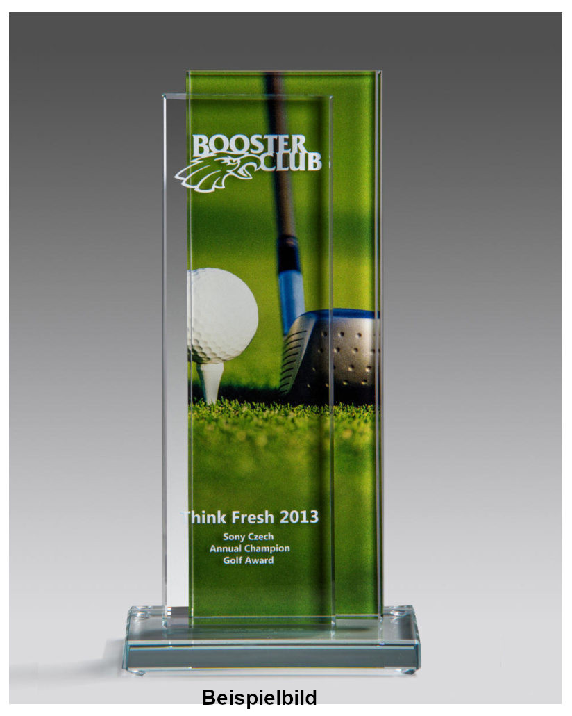Glaspokale mit Gravur, Glastrophäen, Glasawards, 3D Foto Glasgravur, Pokale:  Glaspokal Golfaward-15